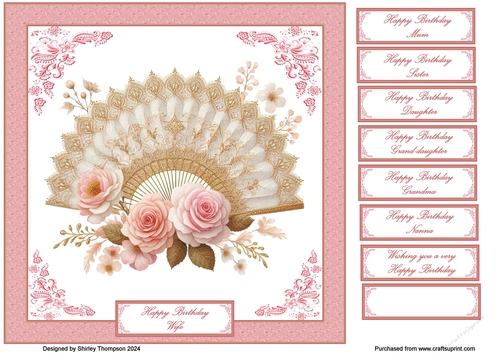 8 x 8 dusky pink floral fan quick card front.