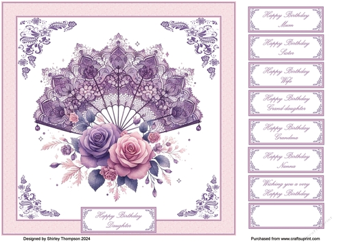 8 x 8 lilac & pale pink floral fan quick card front.