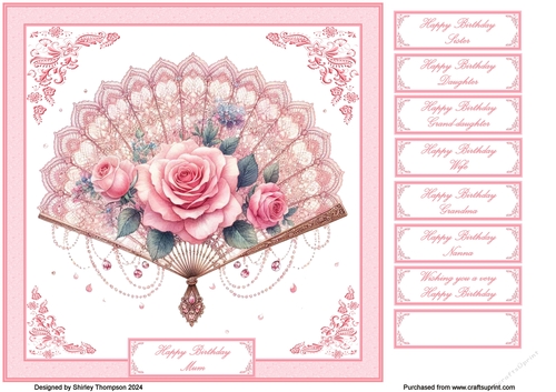 8 x 8 deep pink floral fan quick card front.