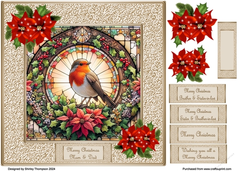8 x 8 beige framed robin in a stained glass window quick card front