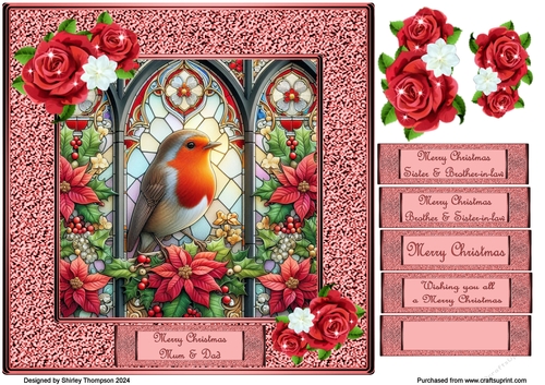 8 x 8 red framed robin in a stained glass window quick card front
