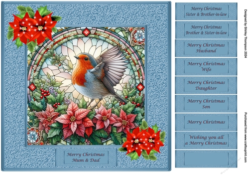 8 x 8 blue framed robin in a stained glass window quick card front.