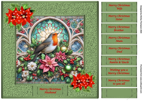 8 x 8 green framed robin in a stained glass window quick card front.