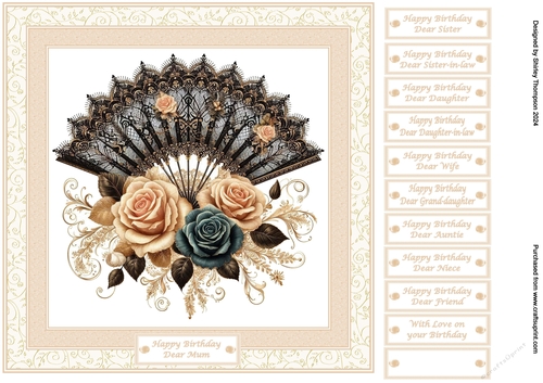 8 x 8 beige and black vintage fan quick card front.