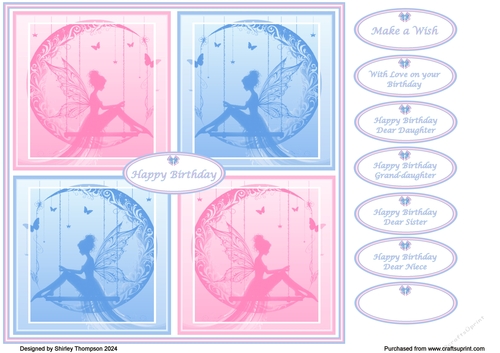 8 x 8 pink & blue fairies quick card front.
