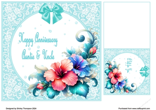 Mint green lilies & lace quick card front and matching gift tag (Auntie & Uncle).