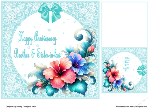 Mint green lilies & lace quick card front and matching gift tag (Brother & Sister-in-law).