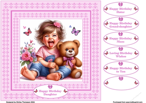8 x 8 Little girl birthday quick card front.