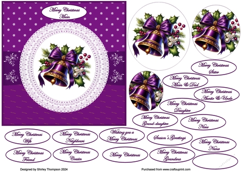 6 x 6 Purple Christmas bell step by step card front.