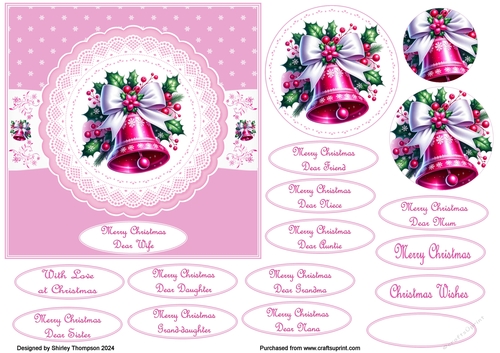 6 x 6 Pink Christmas bell step by step card front.