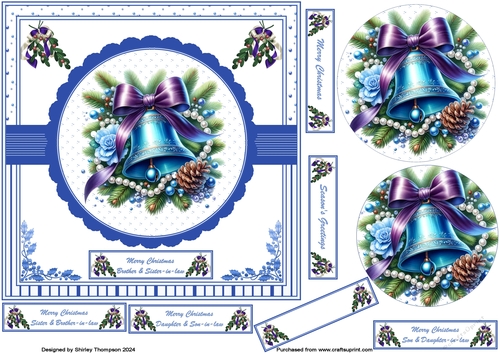 6 x 6 Blue Christmas bell step by step card front.