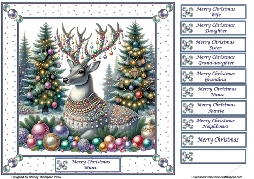8 x 8 bejewelled reindeer quick card front.