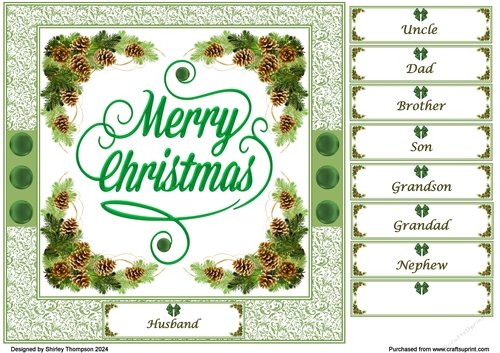 8 x 8 pine cones Merry Christmas quick card front.