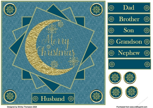 8 x 8 gold foil crescent moon quick card front (Blue).