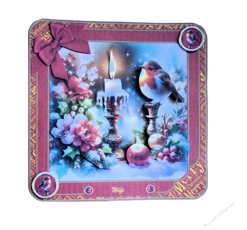8 x 8 rounded edged robin & candlelight card front with matching insert.
