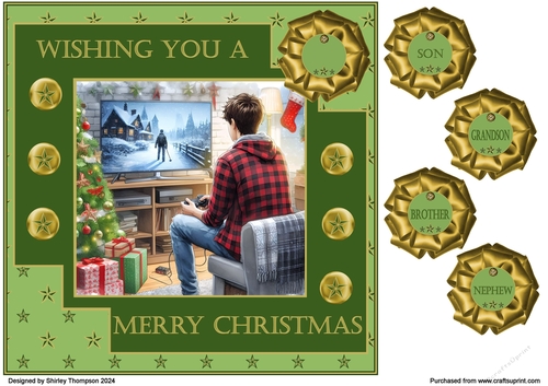 8 x 8 Christmas gamer boy quick card front (Green).
