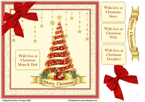 8 x 8 red & gold Christmas tree card front.