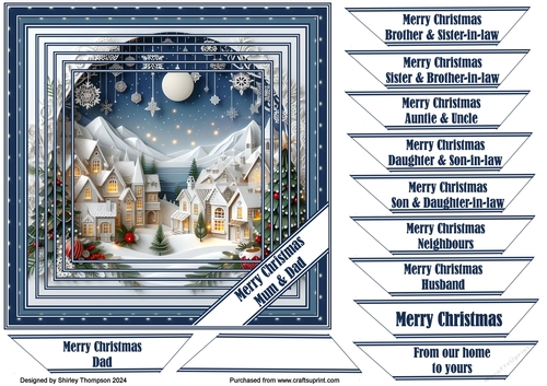 7 x 7 faux layered Christmas paper cut village quick card front.