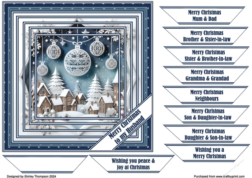 7 x 7 faux layered Christmas paper cut village quick card front.