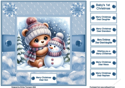 8 x 8 baby bear with snowman quick card front.
