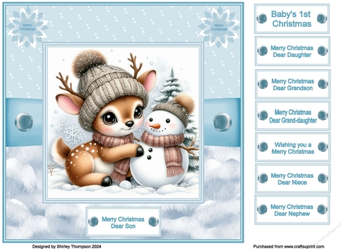 8 x 8 baby deer with snowman quick card front.