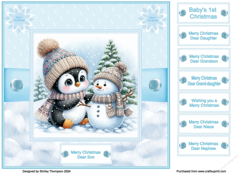8 x 8 baby penguin with snowman quick card front.