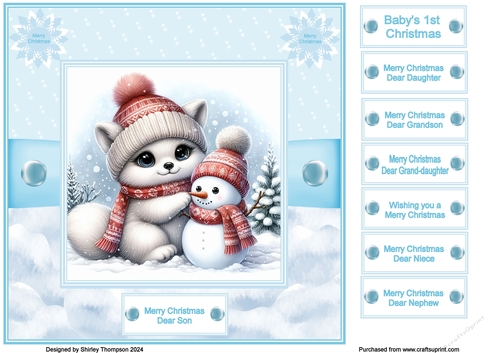 8 x 8 baby polar fox with snowman quick card front.