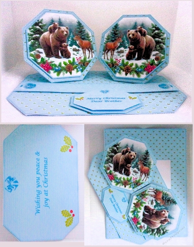 Winter bears octagonal double easel card with matching envelope.