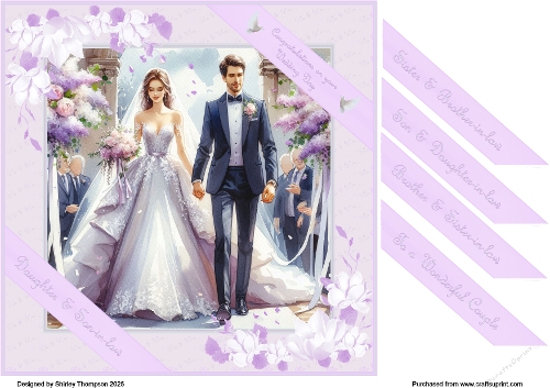 8 x 8 lilac wedding day quick card front (Brunette bride).