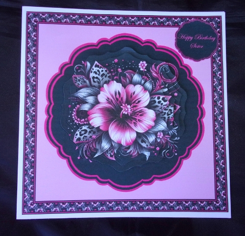 8 x 8 black & pink floral step by step card front.