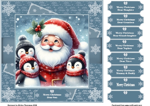 8 x 8 Santa & his penguin pals quick card front.