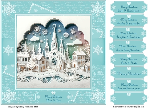 8 x 8 papercut village quick card front (Aqua).
