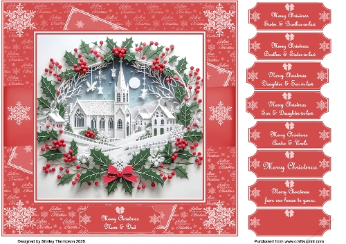 8 x 8 papercut village quick card front (Red).