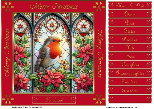 8 x 8 robin stained glass window quick card front (Red).