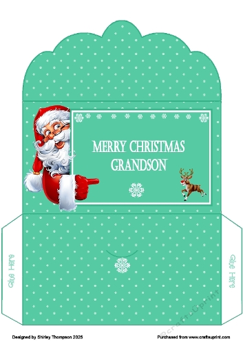 Green pointing Santa money wallet (Grandson).