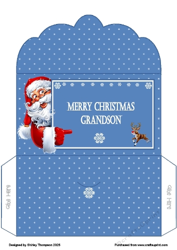 Blue pointing Santa money wallet (Grandson).
