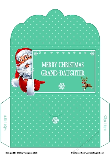 Green pointing Santa money wallet (Grand-daughter).
