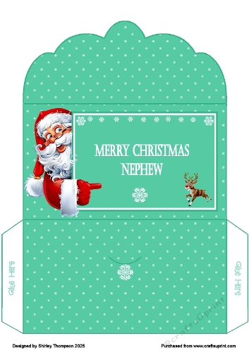 Green pointing Santa money wallet (Nephew).