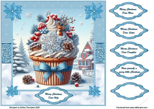 8 x 8 festive cupcake quick card front (Blue).