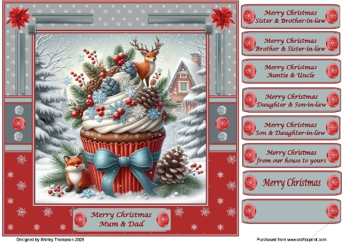 8 x 8 festive cupcake quick card front (Red & grey).