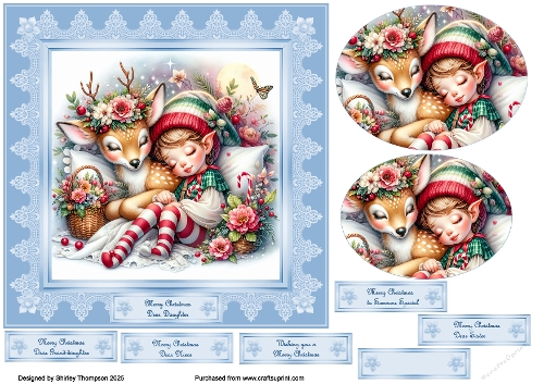 7 in sleeping elf with reindeer step by step card front.