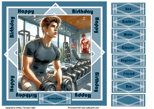 8 x 8 young man at the gym quick card front (Blue).