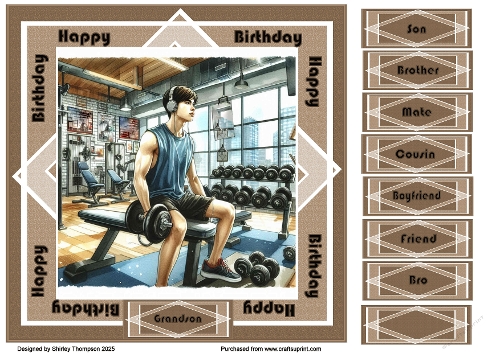 8 x 8 young man at the gym quick card front (Brown).