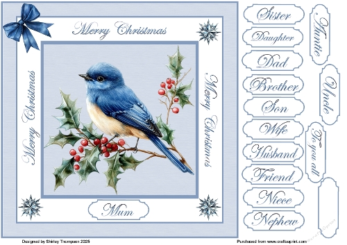 8 x 8 Blue bird on holly branch quick card front.