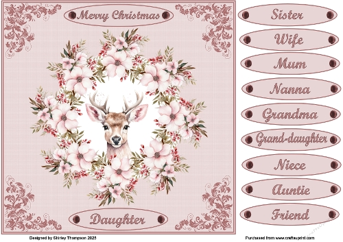 8 x 8 deer head in floral frame quick card front.