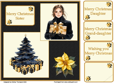 8 x 8 black & gold Christmas tree quick card front.