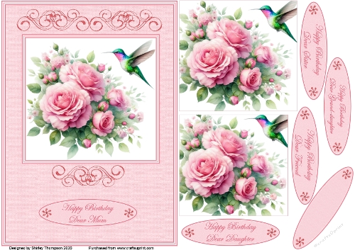 A5 humming bird and roses step by step card front.
