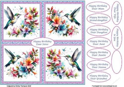 8 x 8 humming birds quick card front.