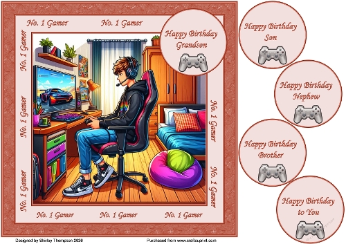 8 x 8 Gamer boy quick card front (Brown & beige).