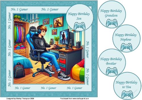 8 x 8 Gamer boy quick card front (Aqua).